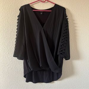BCX Mixed Media Dressy Date Party Office Blouse Wrap Front Women’s Large Black
